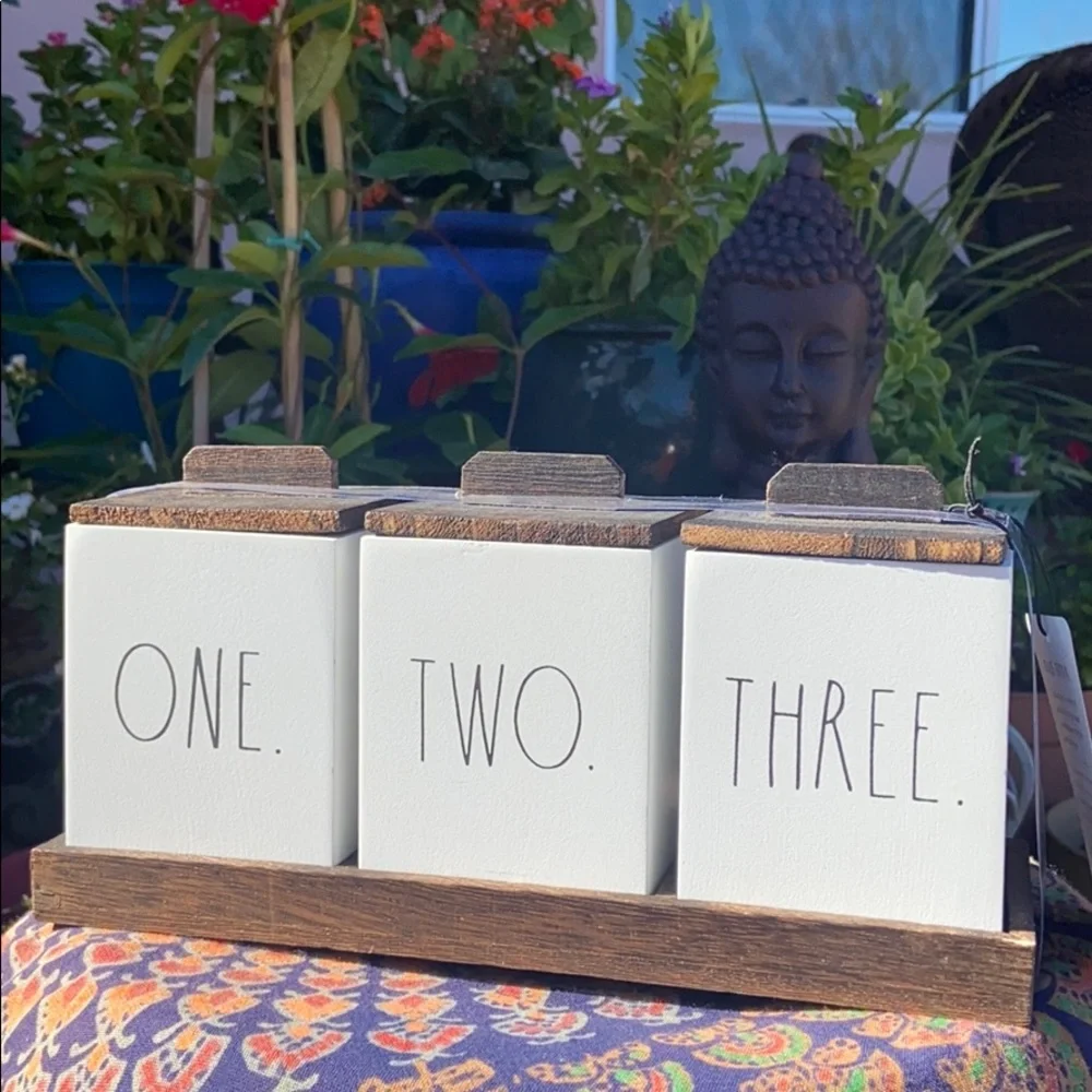 NEW Rae Dunn “ONE. TWO. THREE” 3 Piece Wooden Box Canister Set w/ Tray